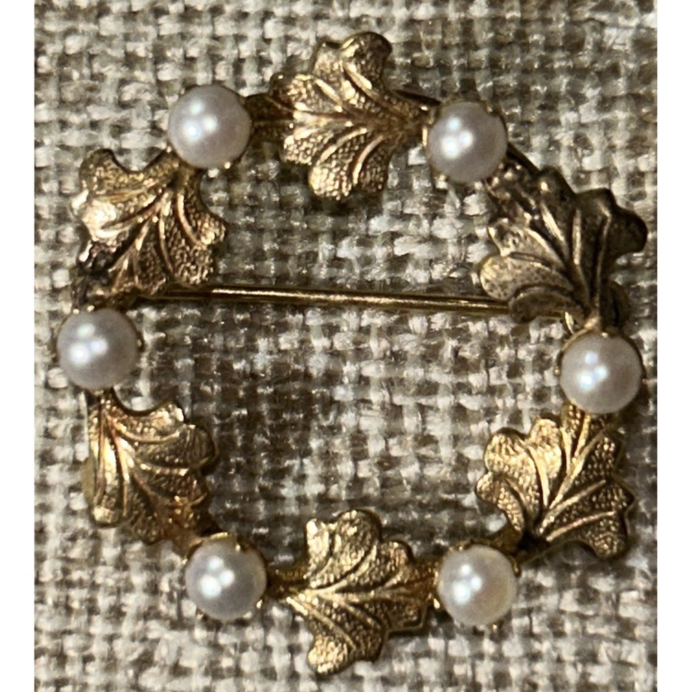 Vtg Signed H.G. 12K GF Gold Filled Cultured Pearls Leaves WREATH Brooch #355